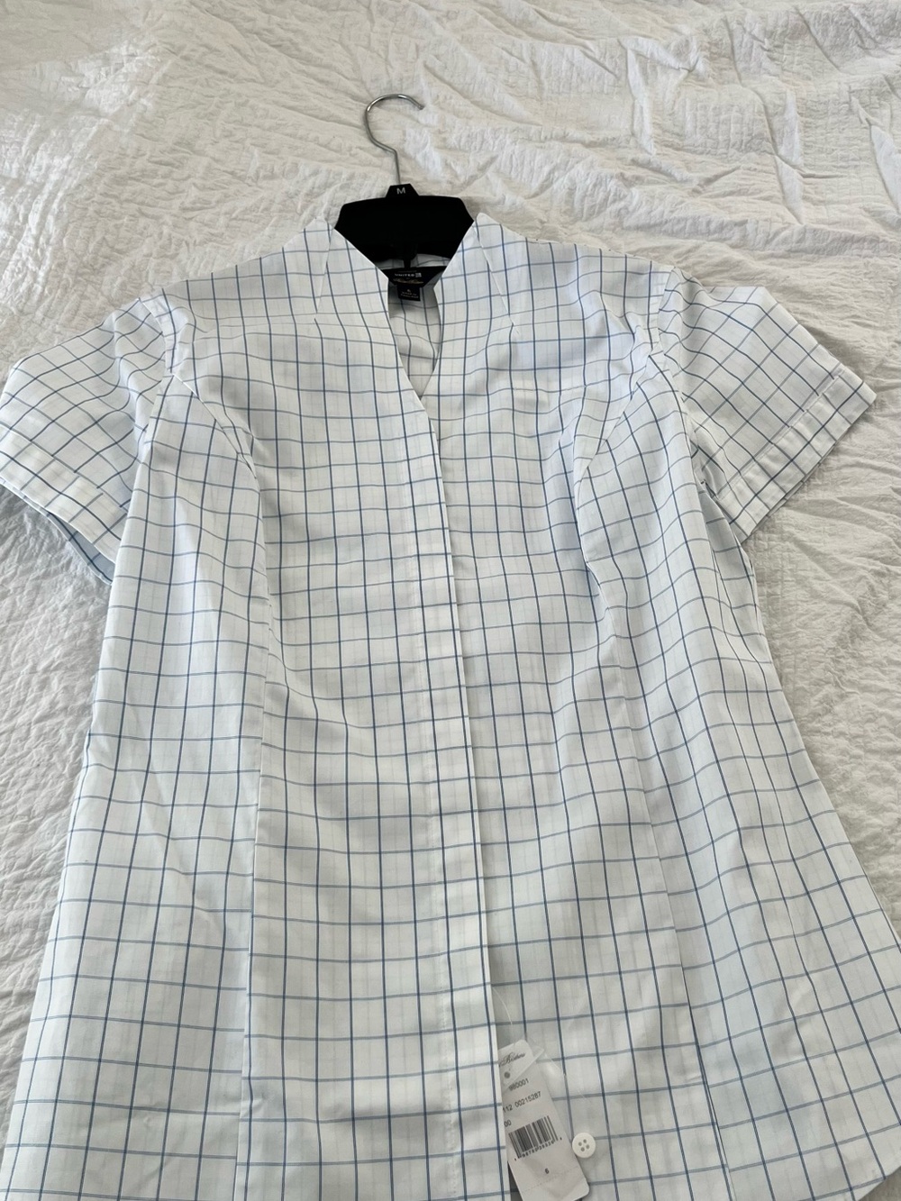UA Brooks  Brothers White Short-Sleeve Shirt with Blue Windowpane